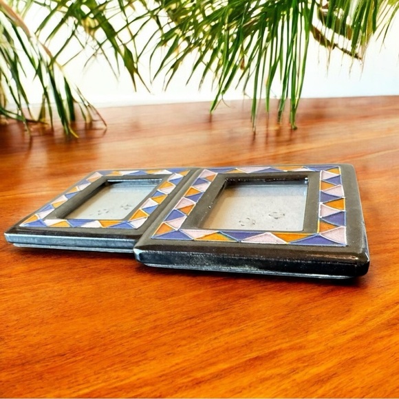 Set of 2 Handpainted Ceramic Tile Picture Frames – Multicolor Geometric Mosaic - Picture 7 of 14